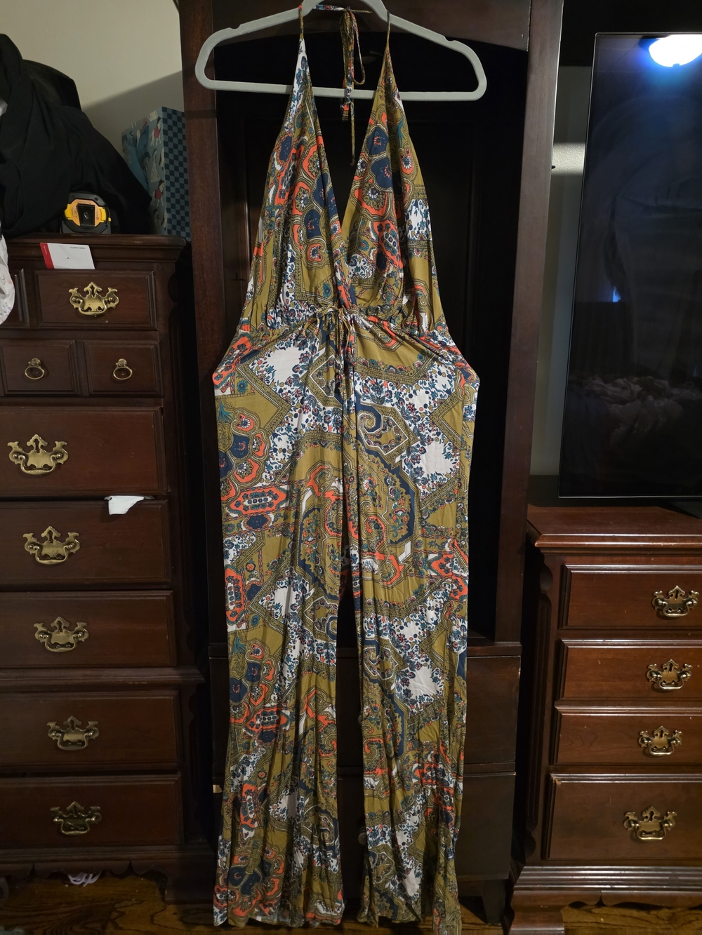 Free People Novella Royale Olive Paisley Halter Jumpsuit